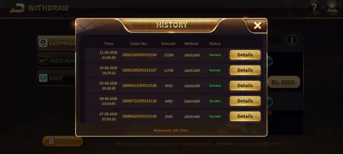 Card Rummy withdrawal history screen showing successful JazzCash payouts